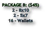 PACKAGE B: ($45)
2 - 8x10
2 - 5x7
16 - Wallets
